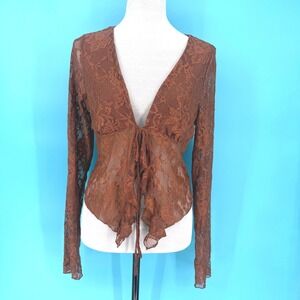 Y2K Brown Sheer Floral Lace Single Tie Ruffle Babydoll Top Size XL
